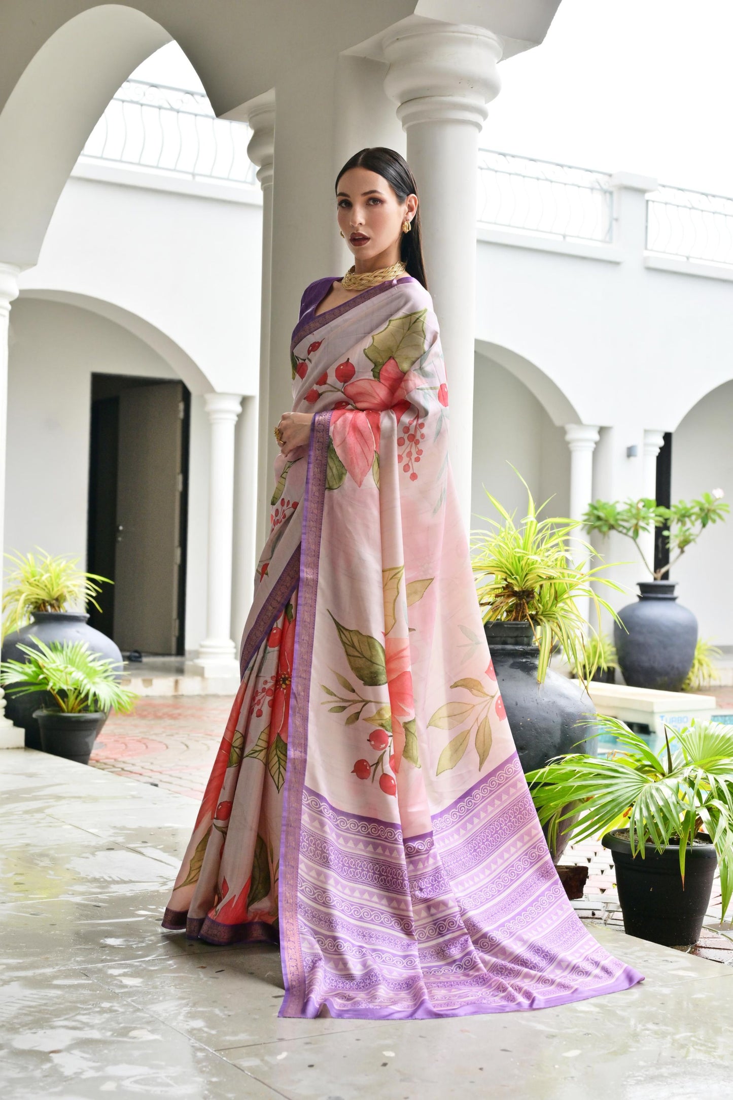 Lavender Floral Printed Soft Silk Saree with Purple Woven Border