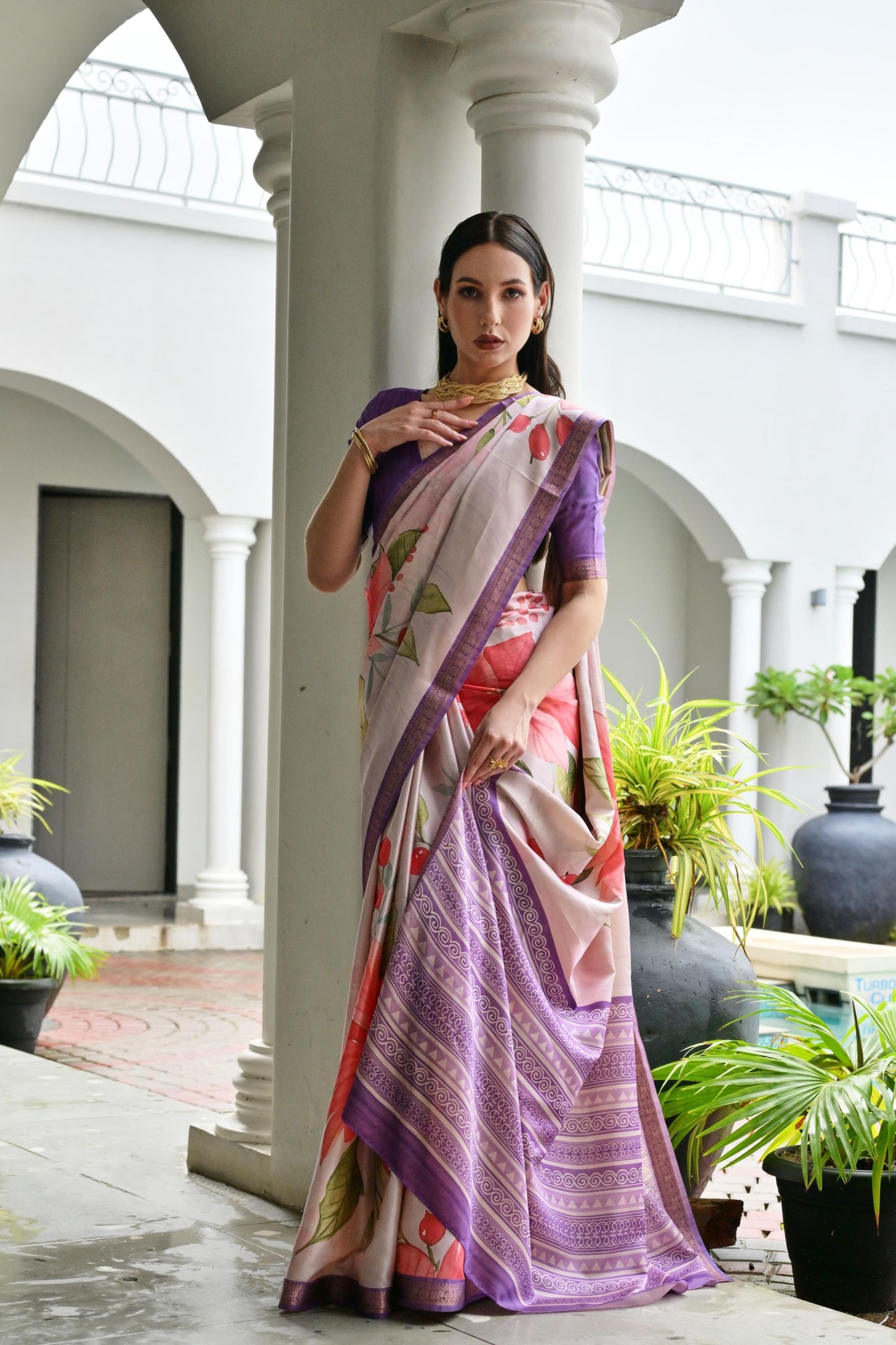 Lavender Floral Printed Soft Silk Saree with Purple Woven Border