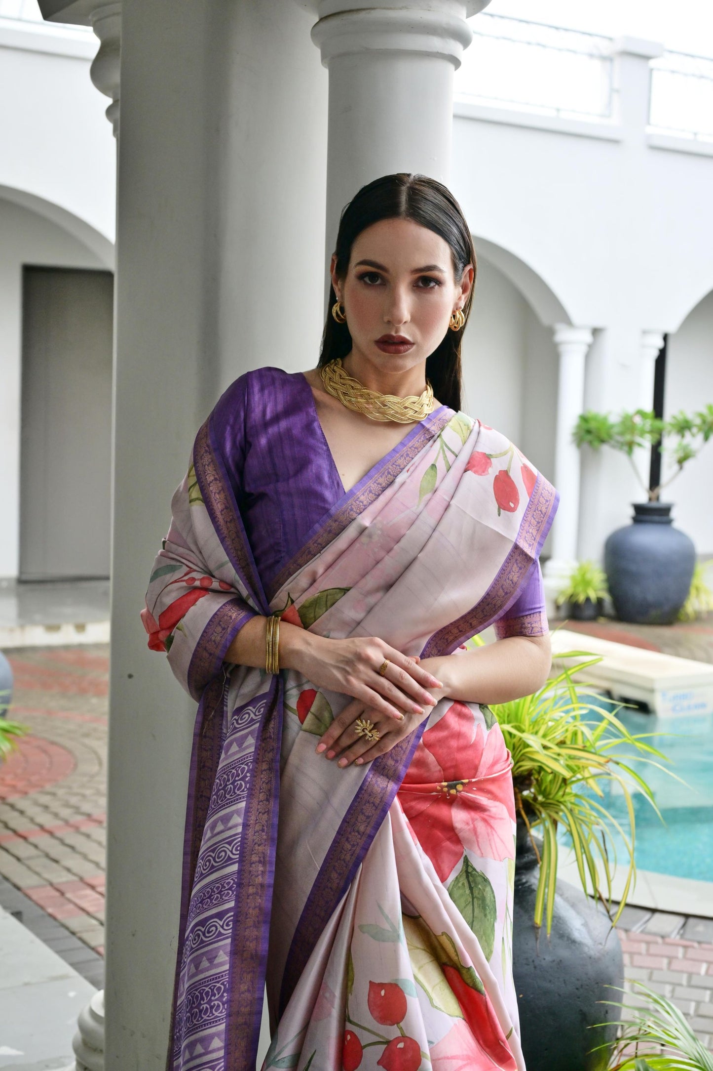 Lavender Floral Printed Soft Silk Saree with Purple Woven Border