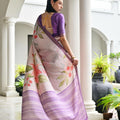 Lavender Floral Printed Soft Silk Saree with Purple Woven Border