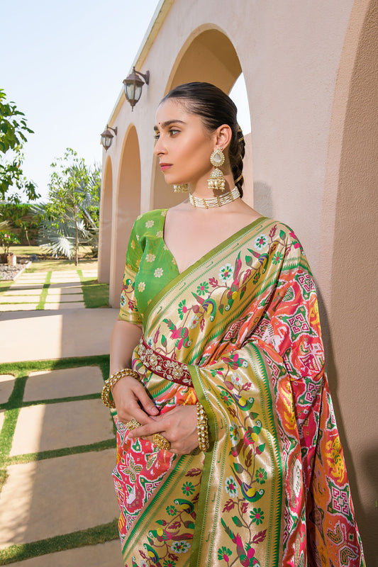 Mustard Yellow Green Patola Silk Saree Floral Print Traditional Saree