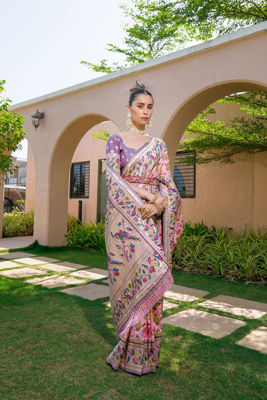 Lavender Pink Paithani Silk Saree Multicolor Floral Weaving Saree
