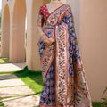 Royal Blue Red Paithani Silk Saree Multicolor Floral Weaving Saree 