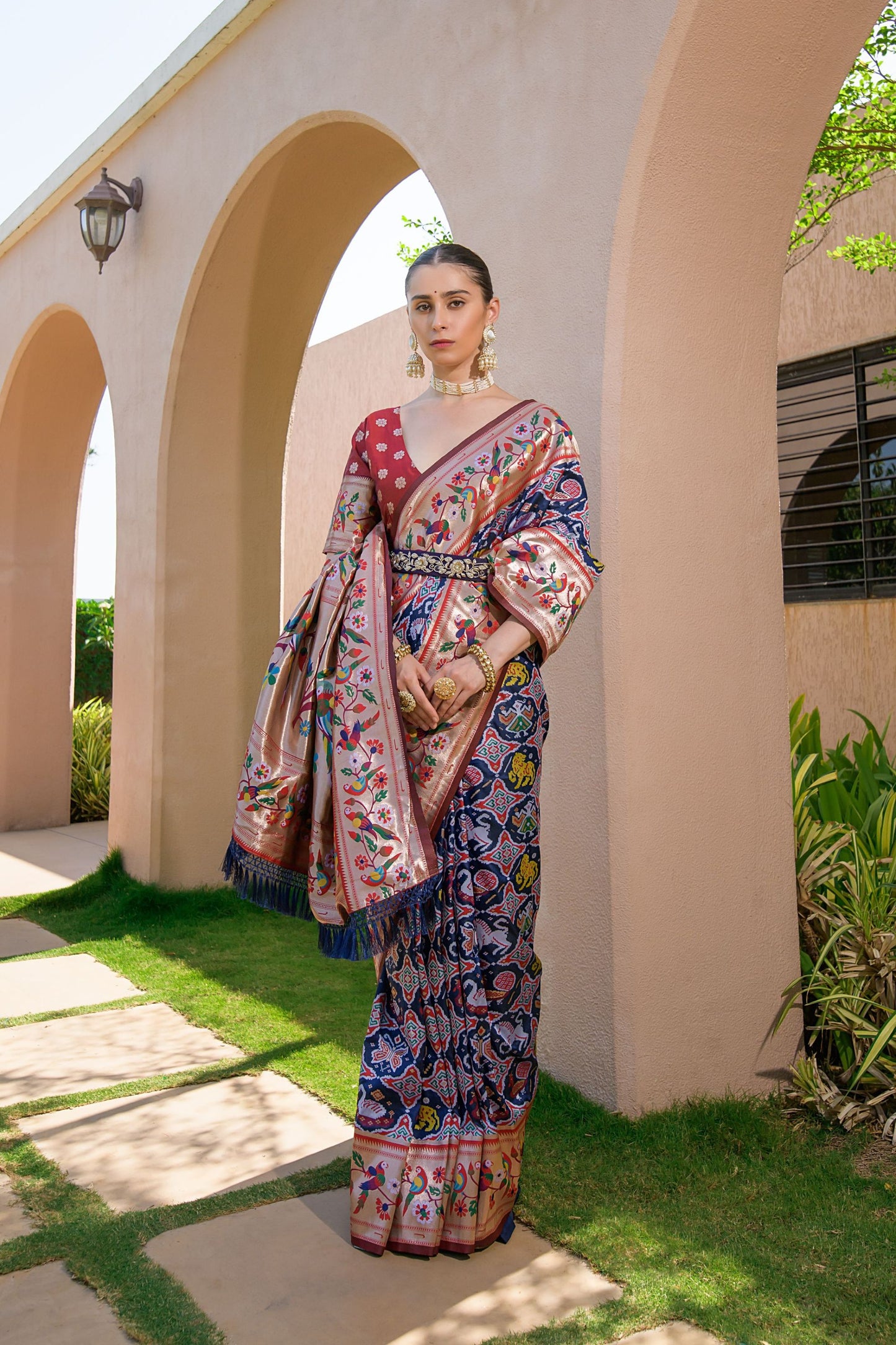 Royal Blue Red Paithani Silk Saree Multicolor Floral Weaving Saree