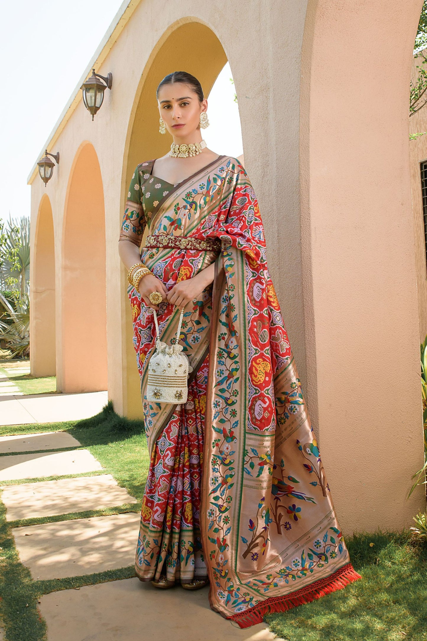 Red Gold Paithani Silk Saree Multicolor Bird and Floral Weaving Saree