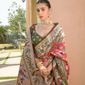 Red Gold Paithani Silk Saree Multicolor Bird and Floral Weaving Saree
