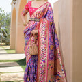 Purple Pink Paithani Silk Saree Peacock Floral Motifs Rich Zari Border 