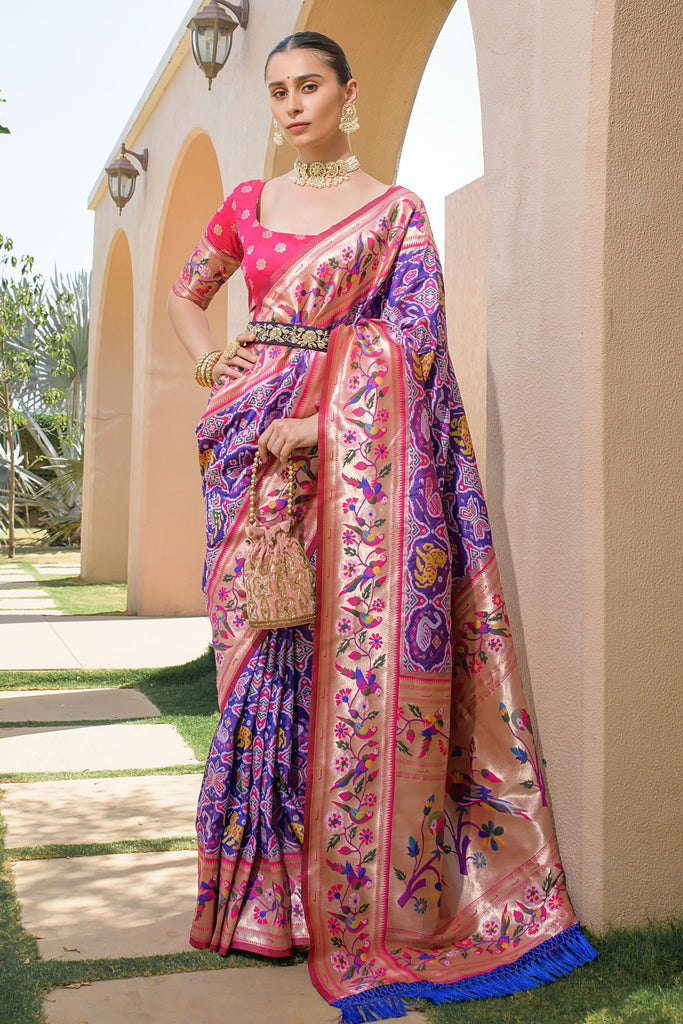 Purple Pink Paithani Silk Saree Peacock Floral Motifs Rich Zari Border 