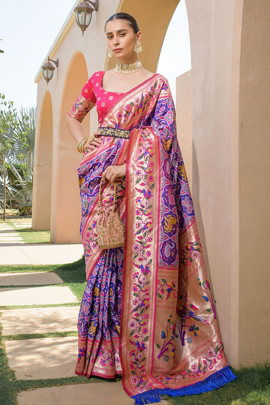 Purple Pink Paithani Silk Saree Peacock Floral Motifs Rich Zari Border 