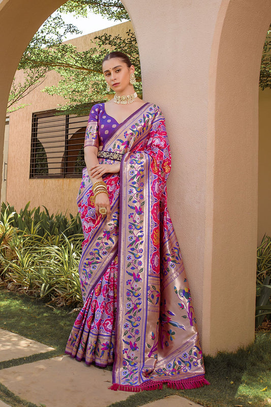 Rani Pink Purple Paithani Silk Saree Peacock Floral Motifs Rich Zari Border