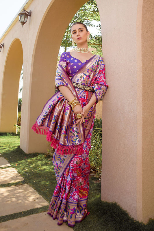 Rani Pink Purple Paithani Silk Saree Peacock Floral Motifs Rich Zari Border