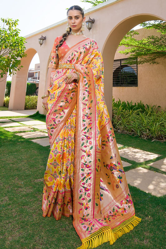 Mustard Yellow Peach Paithani Silk Saree Peacock Motifs Rich Zari Border 