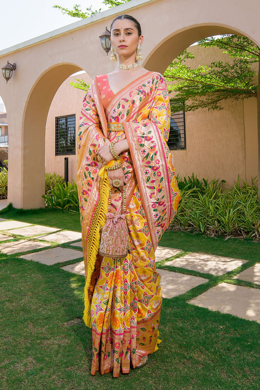 Mustard Yellow Peach Paithani Silk Saree Peacock Motifs Rich Zari Border