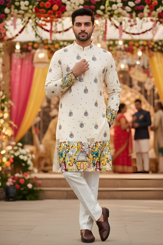 Superb Off-White Cotton Digital Printed Kurta with Traditional Motif Border for Wedding