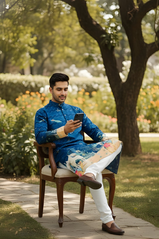 Royal Blue Cotton Digital Printed Kurta with Scenic Motifs For Wedding