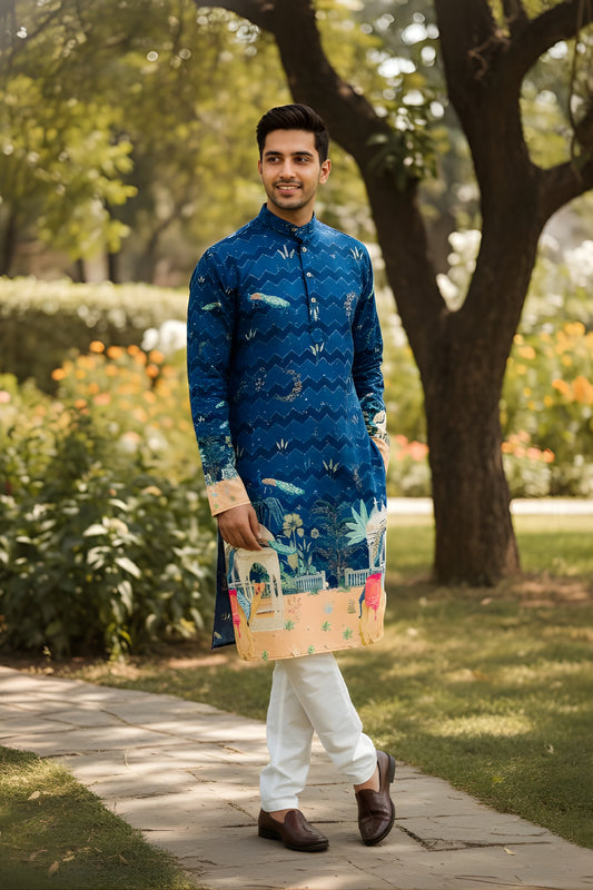 Royal Blue Cotton Digital Printed Kurta with Scenic Motifs For Wedding