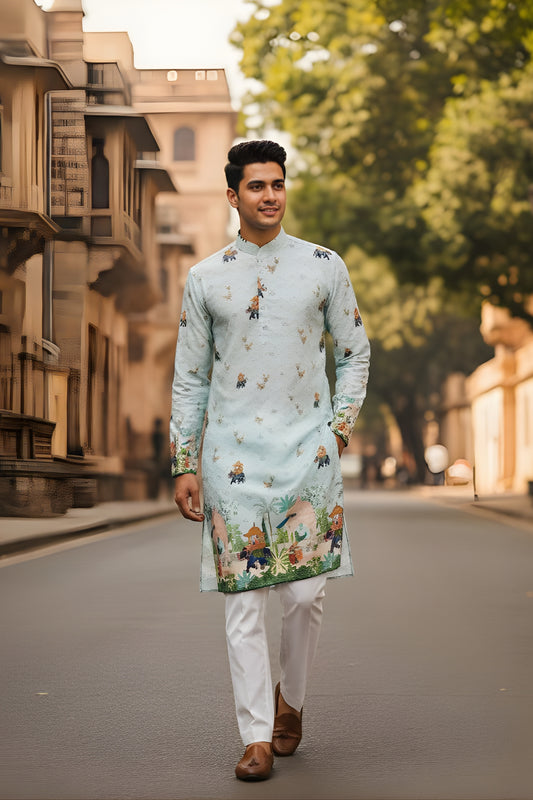 Refreshing Sea Green Cotton Digital Printed Kurta with Floral Motifs For Wedding
