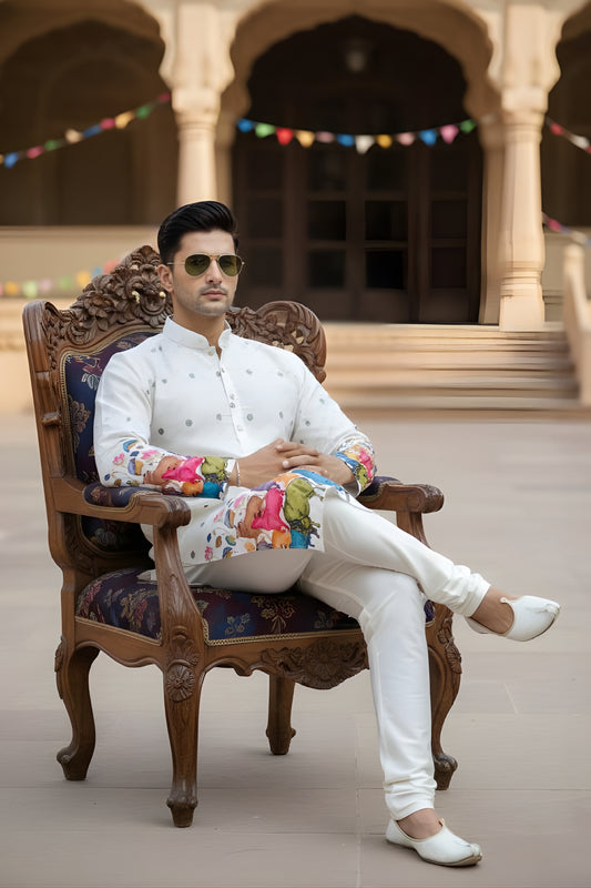 Superb White Cotton Digital Printed Kurta with Animal Motif Border for Wedding