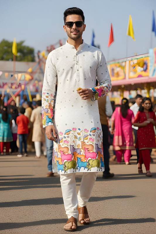 Superb White Cotton Digital Printed Kurta with Animal Motif Border for Wedding