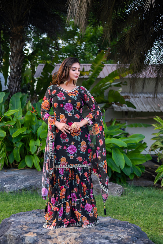 Elegant Black Floral Printed Georgette Salwar Suit with Dupatta for Festival