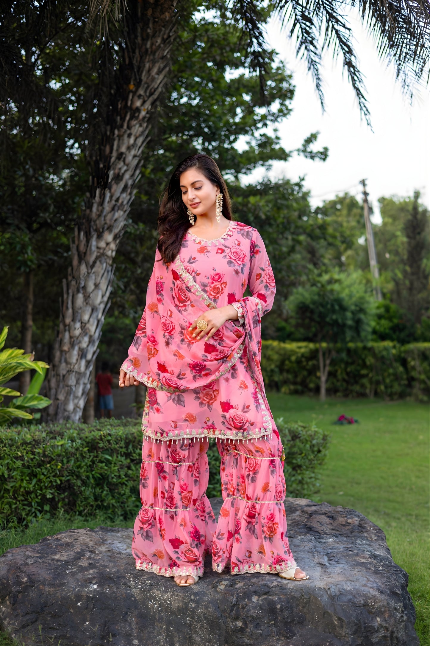 Lovely Pink Floral Printed Georgette Salwar Suit with Dupatta for Festive Wear