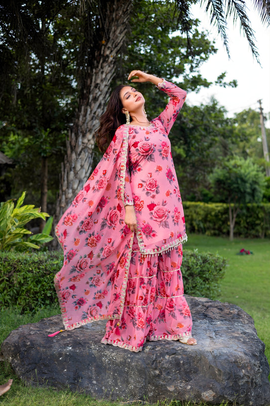 Lovely Pink Floral Printed Georgette Salwar Suit with Dupatta for Festive Wear