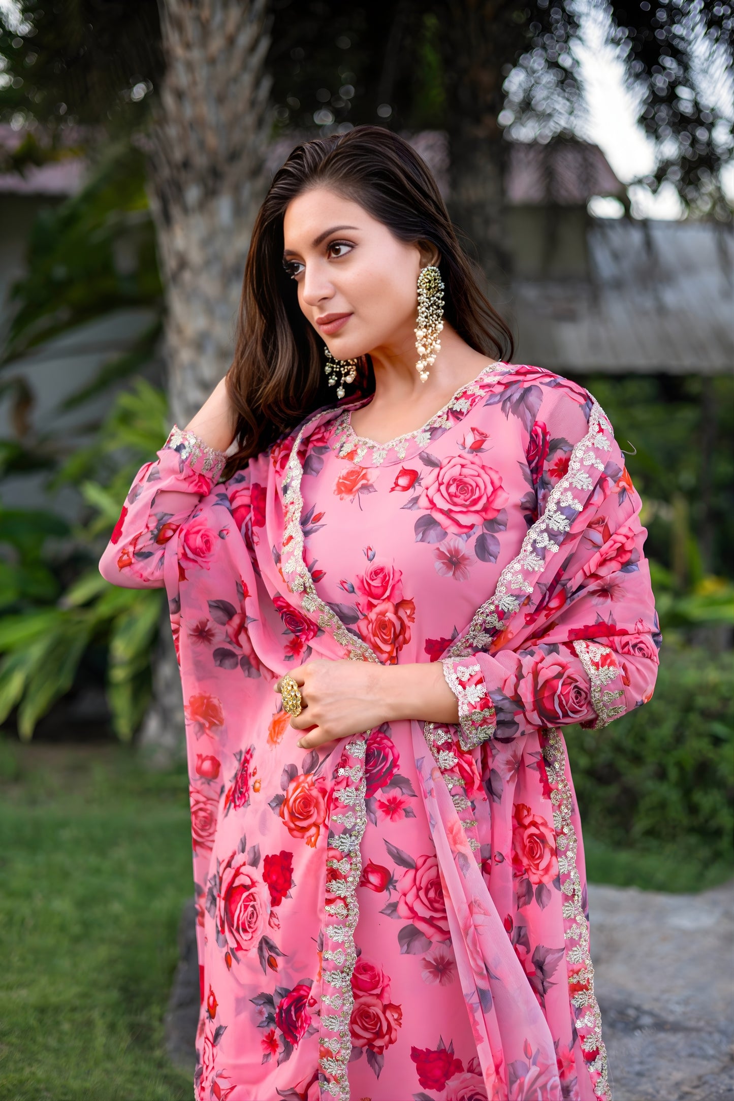 Lovely Pink Floral Printed Georgette Salwar Suit with Dupatta for Festive Wear
