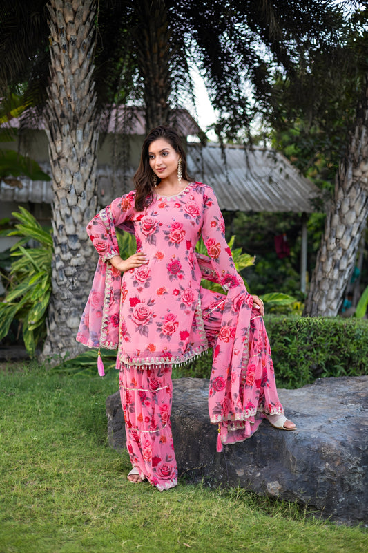 Lovely Pink Floral Printed Georgette Salwar Suit with Dupatta for Festive Wear