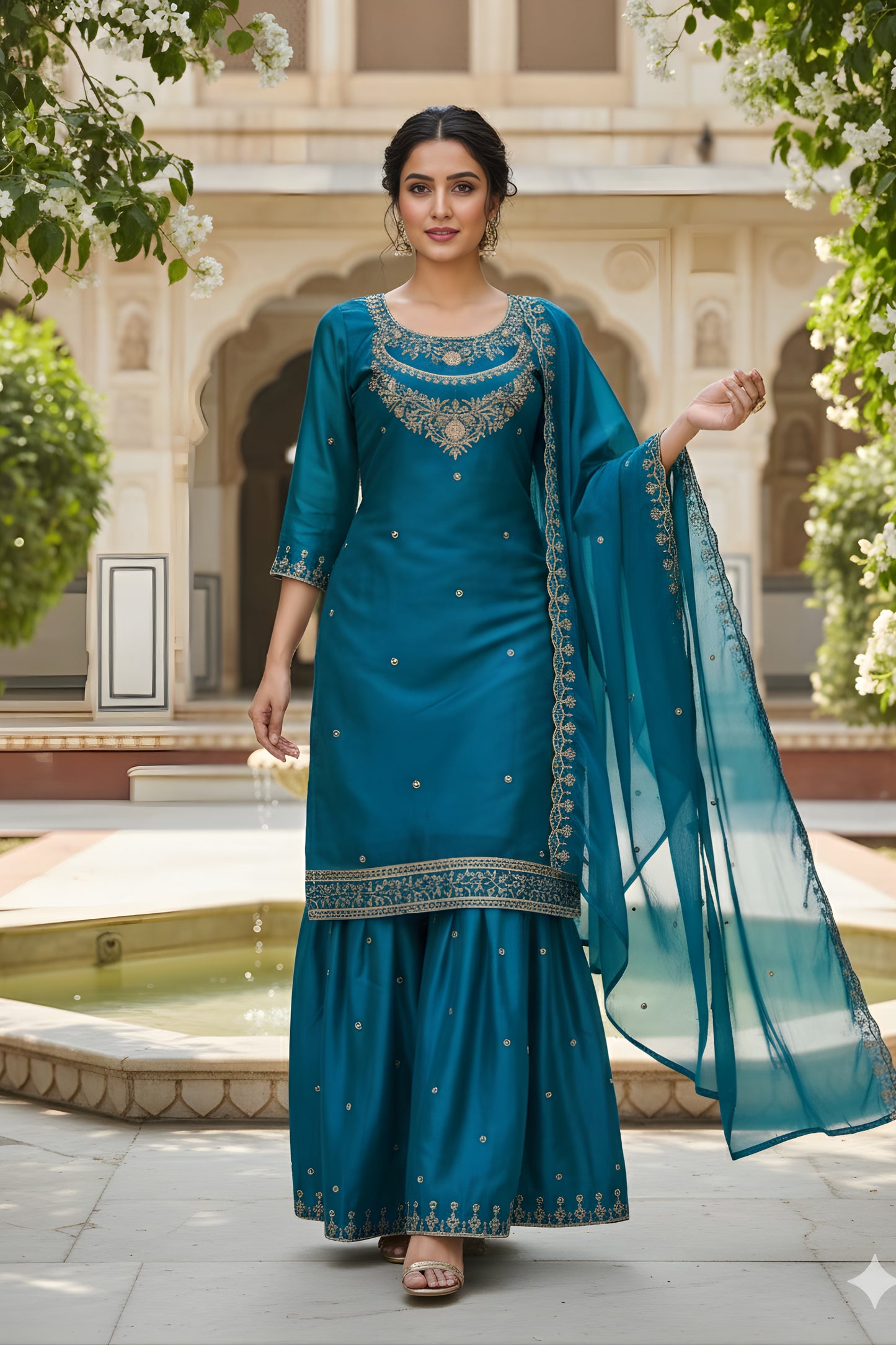 Elegant Teal Blue Embroidered Fendy Silk Sharara Suit with Dupatta for Wedding