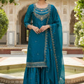 Elegant Teal Blue Embroidered Fendy Silk Sharara Suit with Dupatta for Wedding