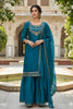 Elegant Teal Blue Embroidered Fendy Silk Sharara Suit with Dupatta for Wedding