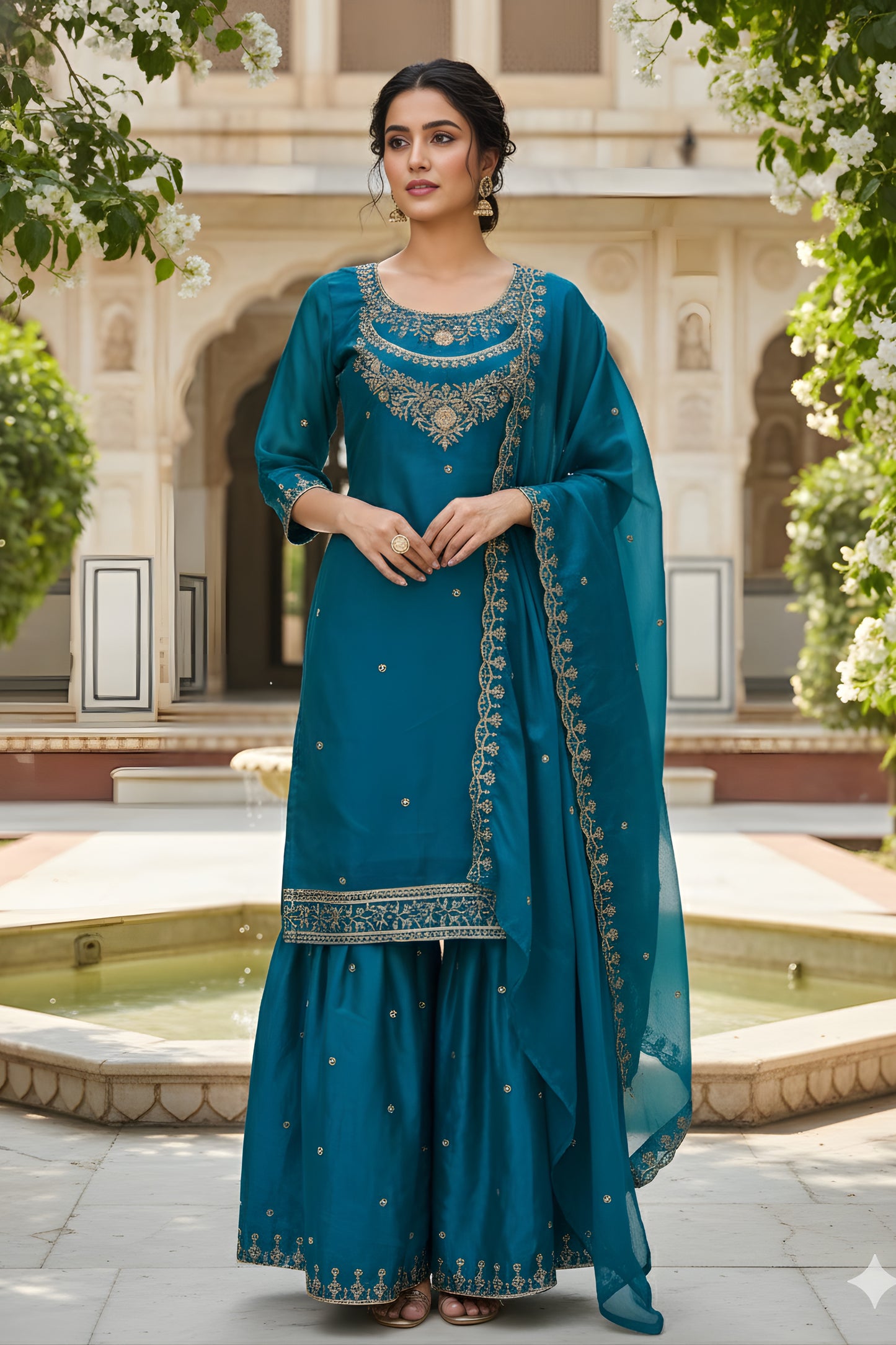 Elegant Teal Blue Embroidered Fendy Silk Sharara Suit with Dupatta for Wedding
