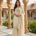 Superb White Embroidered Fendy Silk Sharara Suit with Dupatta for Wedding