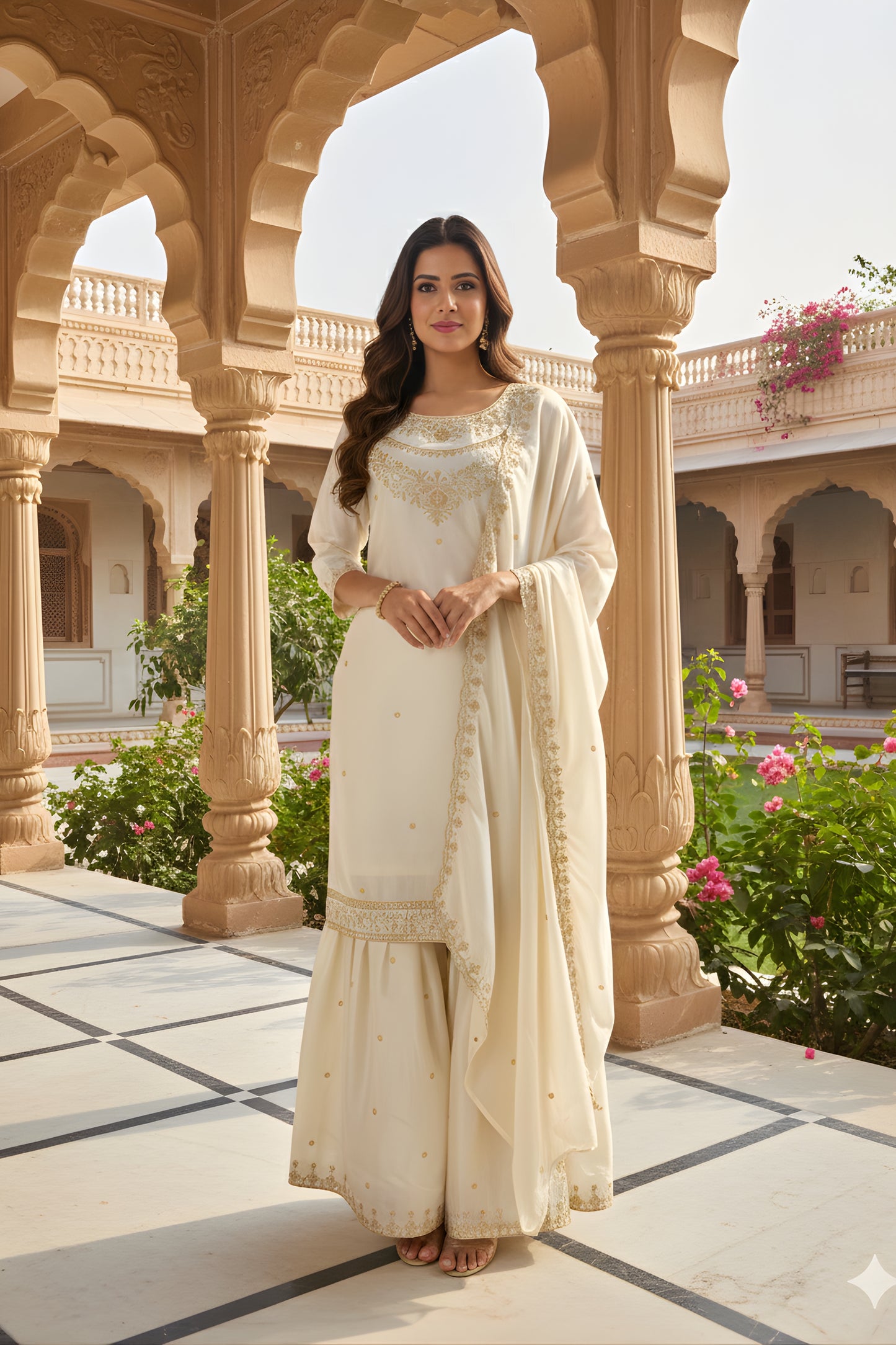 Superb White Embroidered Fendy Silk Sharara Suit with Dupatta for Wedding