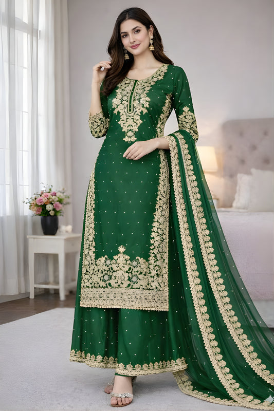 Elegant Bottle Green Embroidered GMY Silk Salwar Suit with Dupatta for Wedding