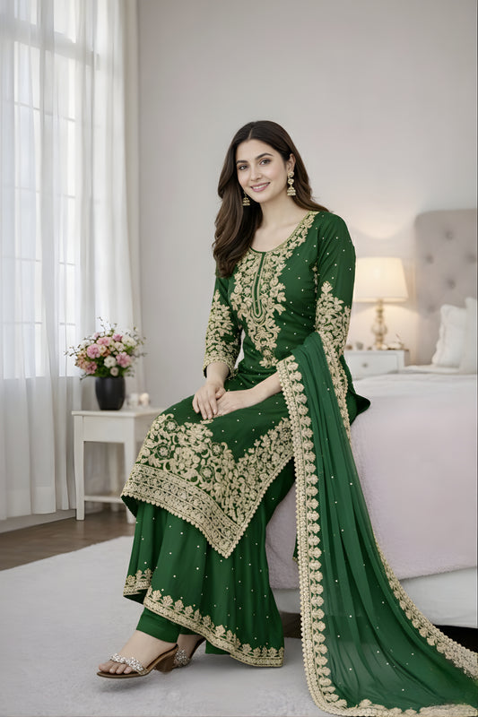 Elegant Bottle Green Embroidered GMY Silk Salwar Suit with Dupatta for Wedding