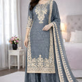 Stunning Grey Embroidered GMY Silk Salwar Suit with Dupatta for Wedding