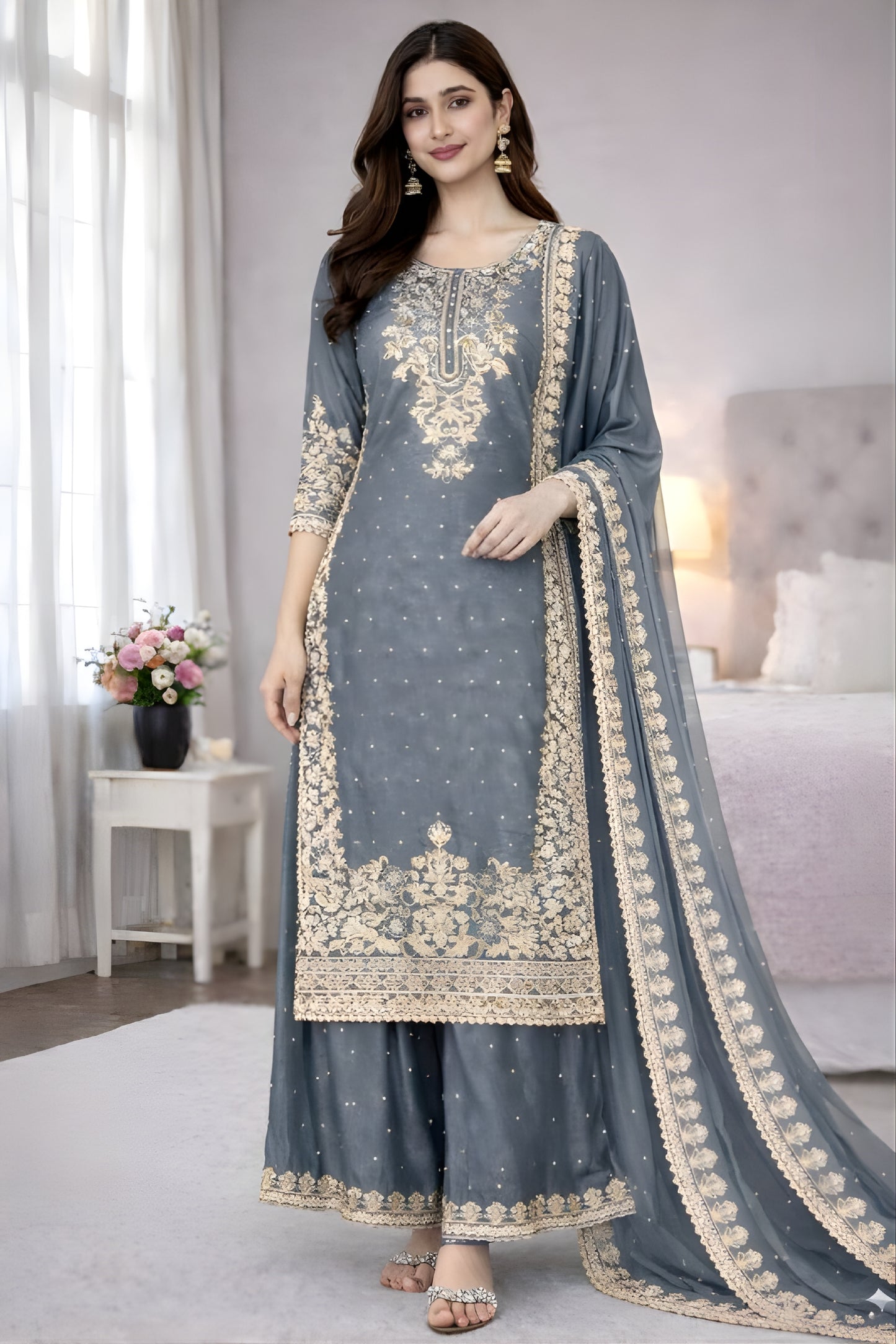 Stunning Grey Embroidered GMY Silk Salwar Suit with Dupatta for Wedding