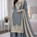 Stunning Grey Embroidered GMY Silk Salwar Suit with Dupatta for Wedding