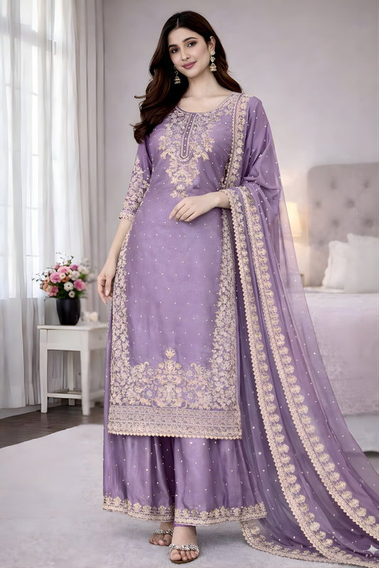 Amazing Lavender Embroidered GMY Silk Salwar Suit with Dupatta for Wedding