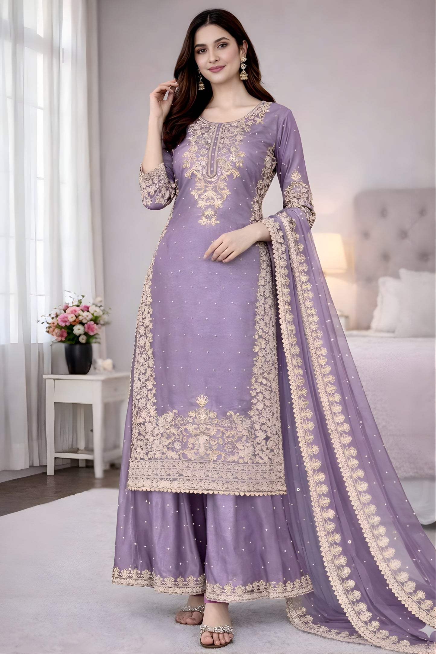 Amazing Lavender Embroidered GMY Silk Salwar Suit with Dupatta for Wedding
