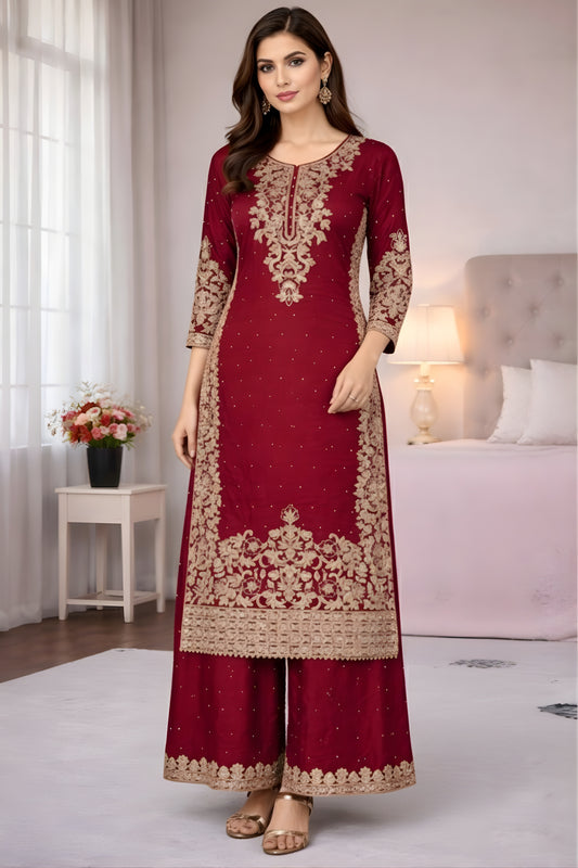 Royal Maroon Embroidered GMY Silk Salwar Suit with Dupatta for Wedding