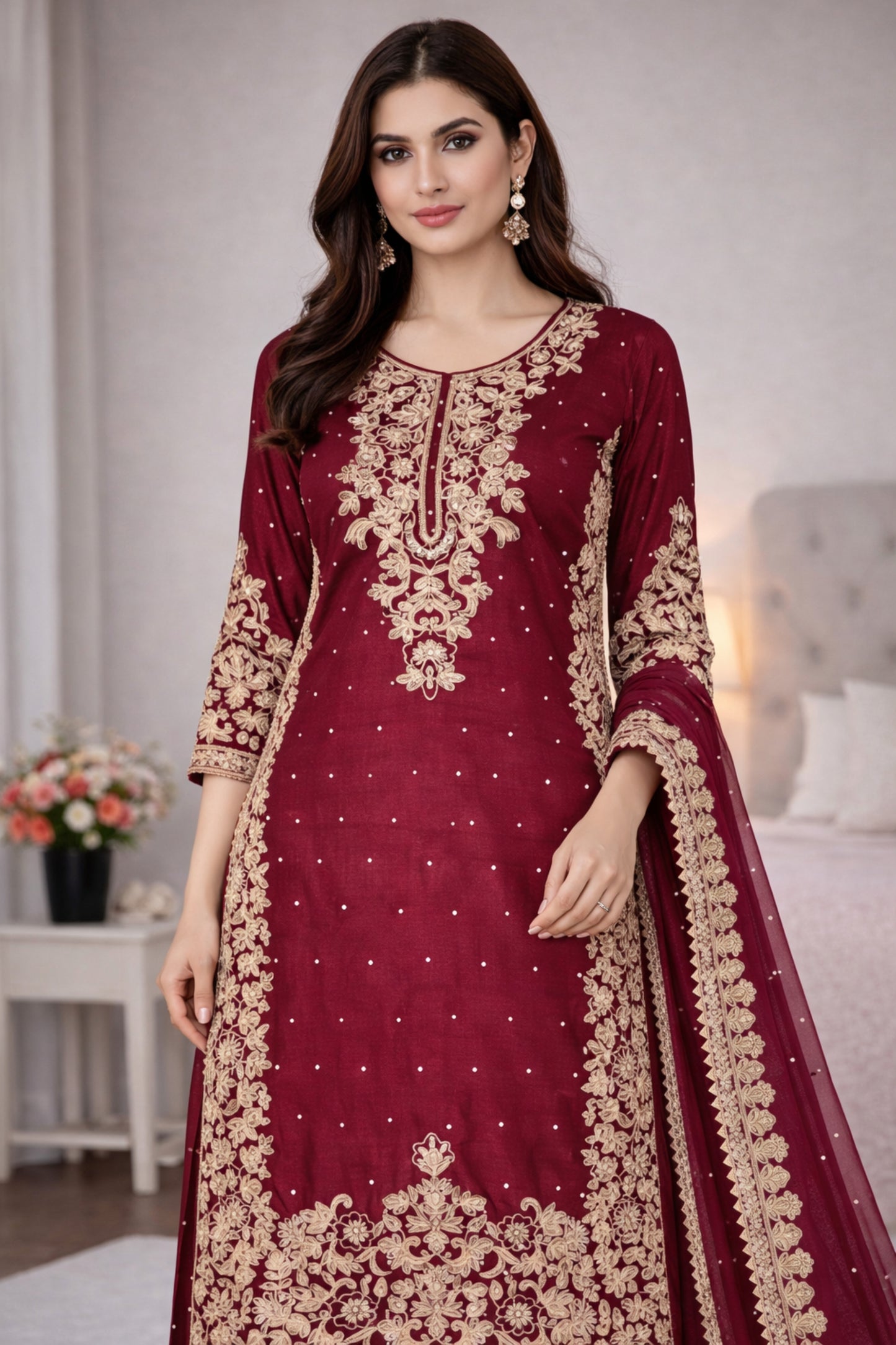 Royal Maroon Embroidered GMY Silk Salwar Suit with Dupatta for Wedding