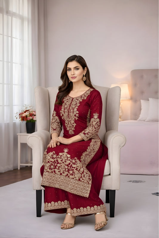 Royal Maroon Embroidered GMY Silk Salwar Suit with Dupatta for Wedding