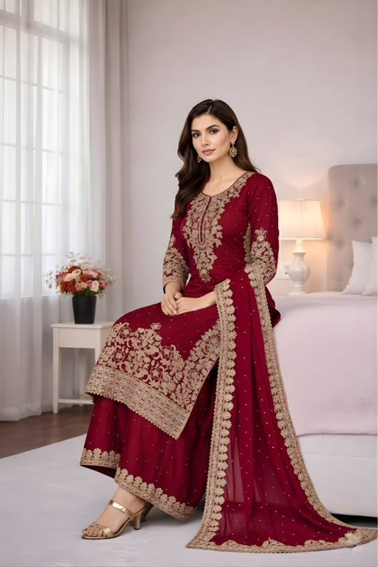 Royal Maroon Embroidered GMY Silk Salwar Suit with Dupatta for Wedding