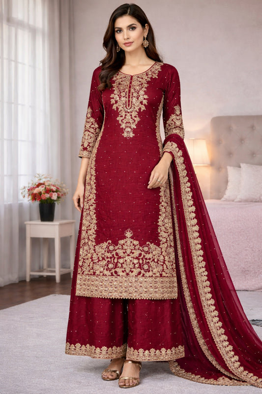 Royal Maroon Embroidered GMY Silk Salwar Suit with Dupatta for Wedding