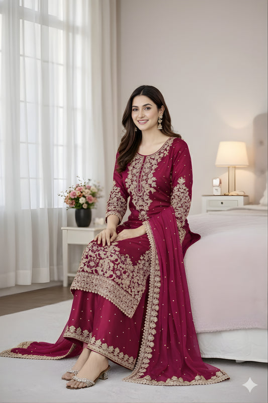 Gorgeous Rani Pink Embroidered GMY Silk Salwar Suit with Dupatta for Wedding