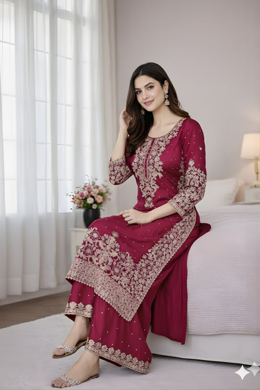 Gorgeous Rani Pink Embroidered GMY Silk Salwar Suit with Dupatta for Wedding
