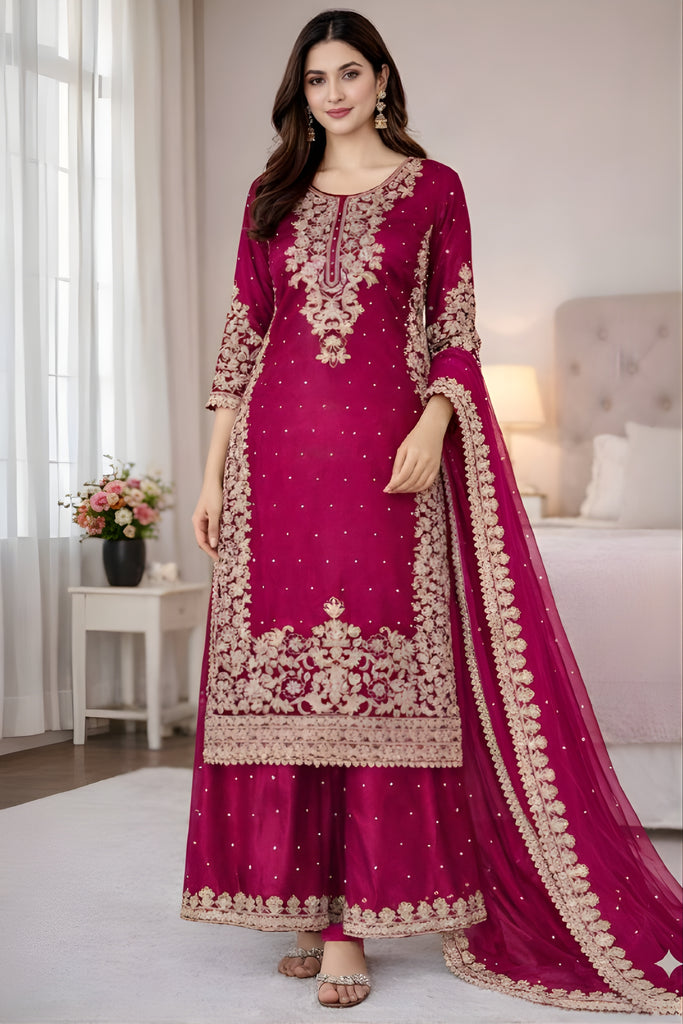 Gorgeous Rani Pink Embroidered GMY Silk Salwar Suit with Dupatta for Wedding