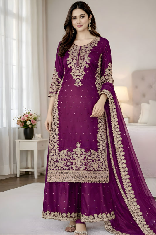 Premium Purple Embroidered GMY Silk Salwar Suit with Dupatta for Wedding
